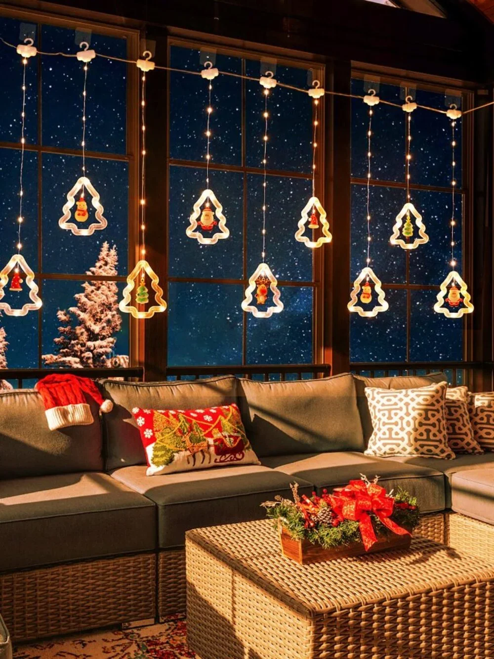 Christmas Window Curtain Lights 10 Ornaments 120 LED Battery Operated Warm White